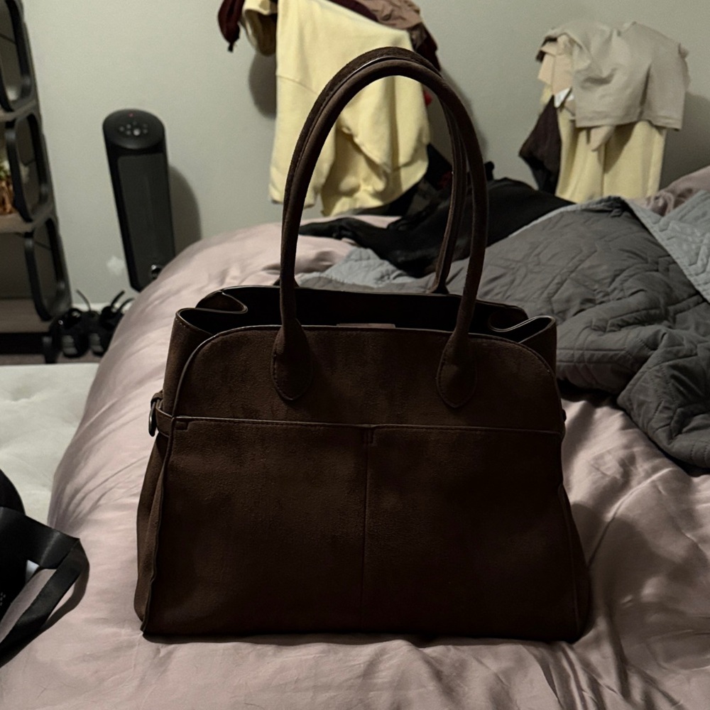 Structured Brown Faux Suede Tote Bag